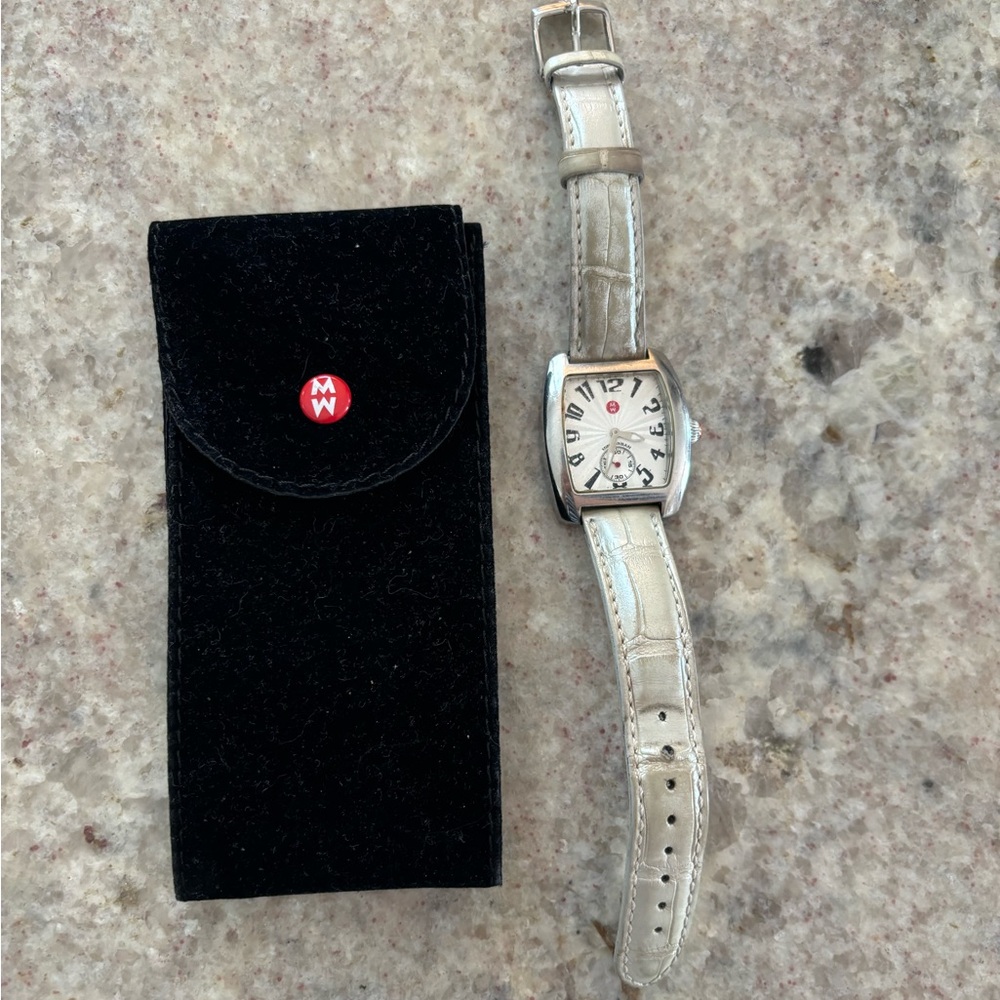 Michele Sport Watch with silver leather band and extra salmon pink band.